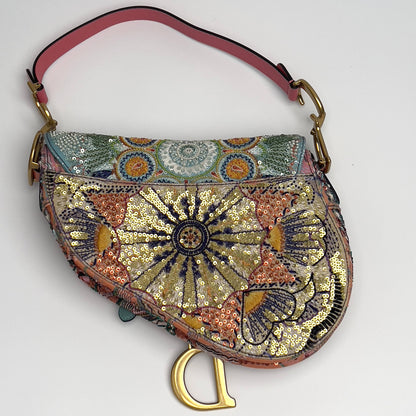 Dior pink& green sequin embroidered saddle bag