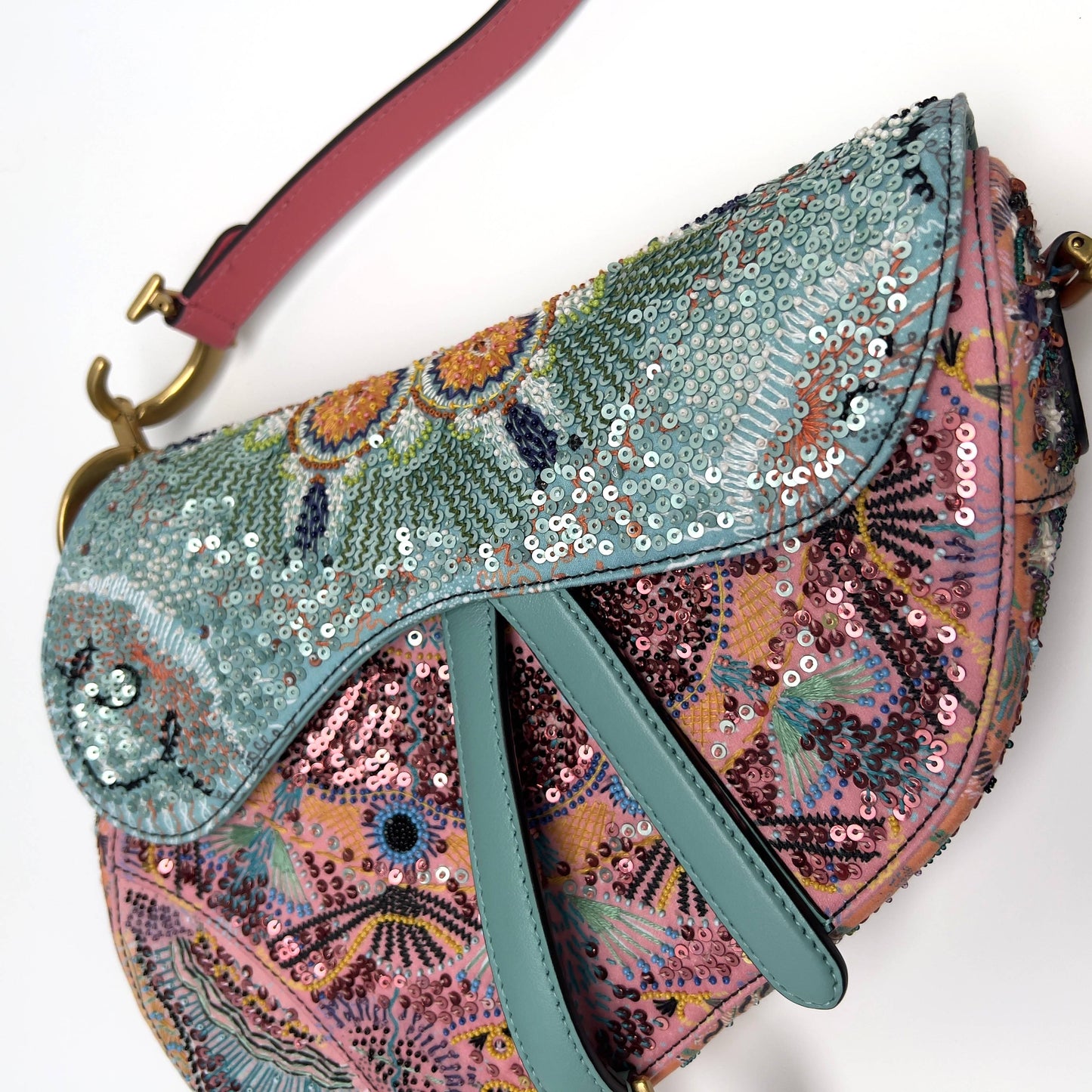 Dior pink& green sequin embroidered saddle bag