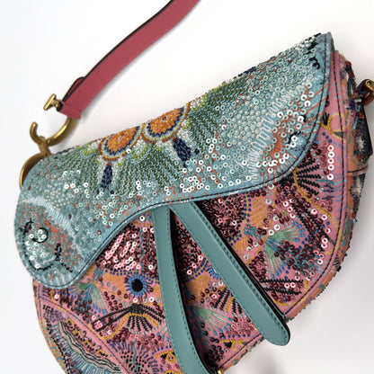 Dior pink& green sequin embroidered saddle bag