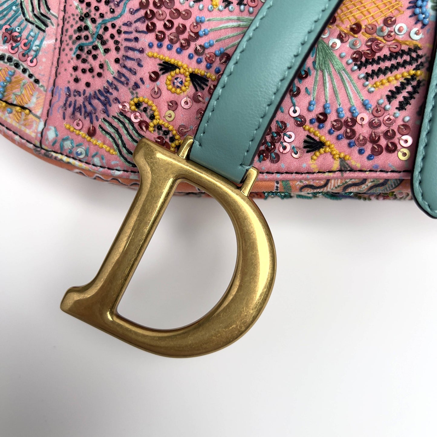 Dior pink& green sequin embroidered saddle bag