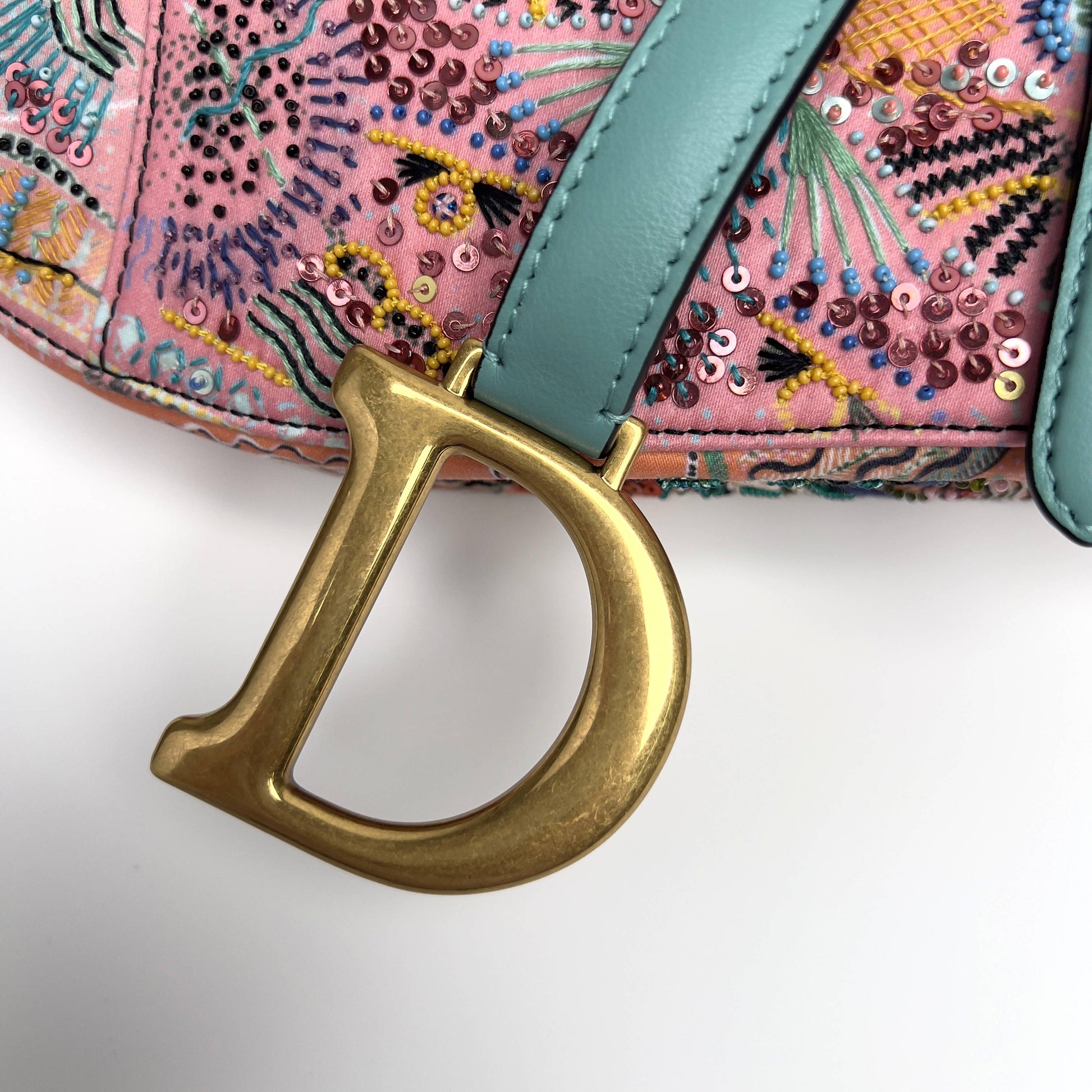 Dior pink& green sequin embroidered saddle bag