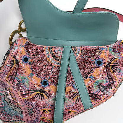 Dior pink& green sequin embroidered saddle bag