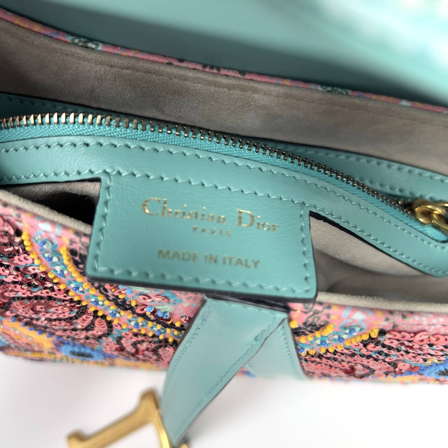 Dior pink& green sequin embroidered saddle bag