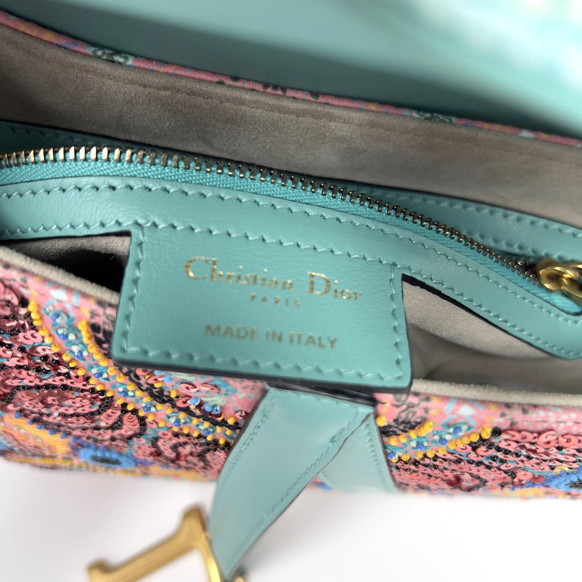 Dior pink& green sequin embroidered saddle bag