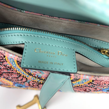 Dior pink& green sequin embroidered saddle bag