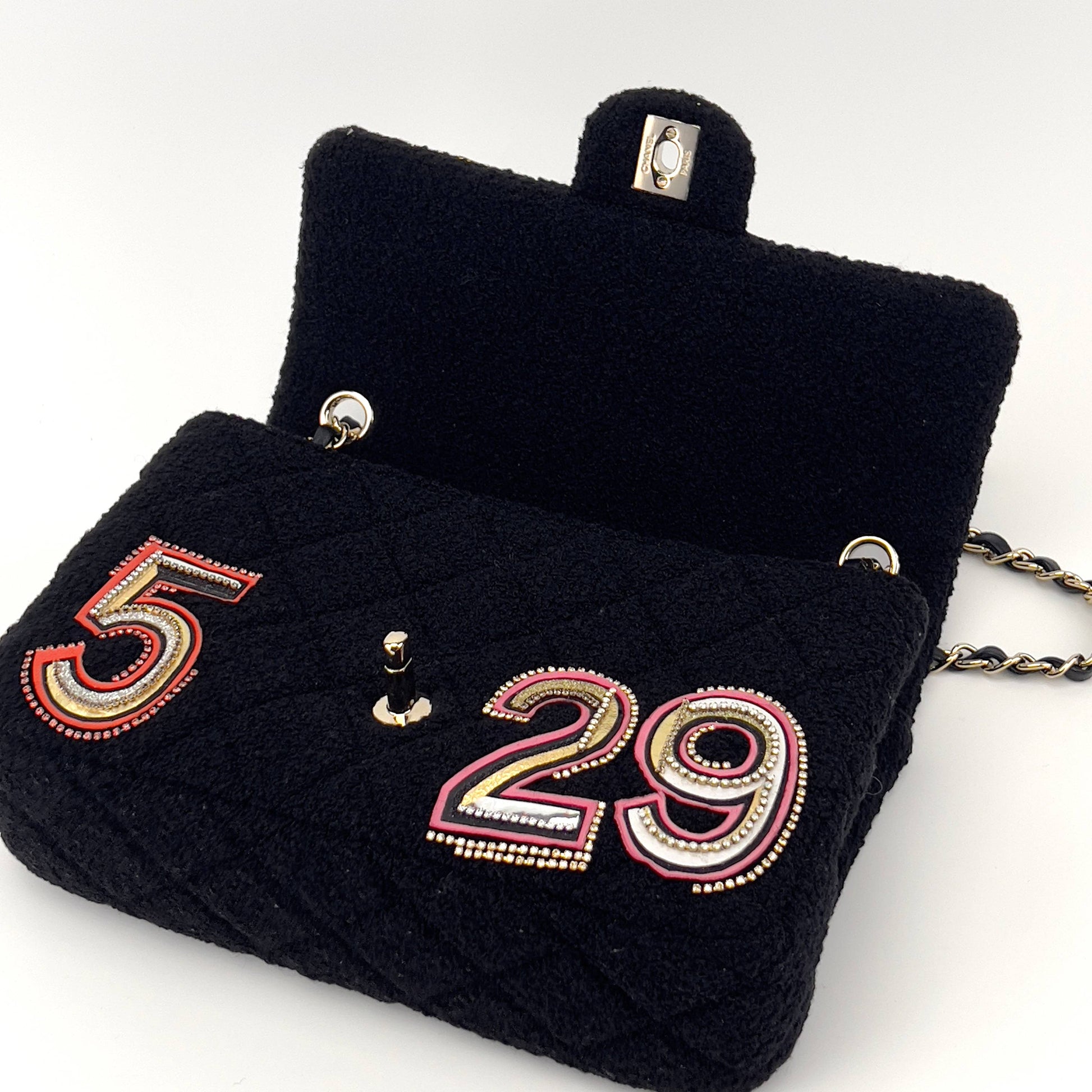 Chanel embroidered nunber tweed double flap bag