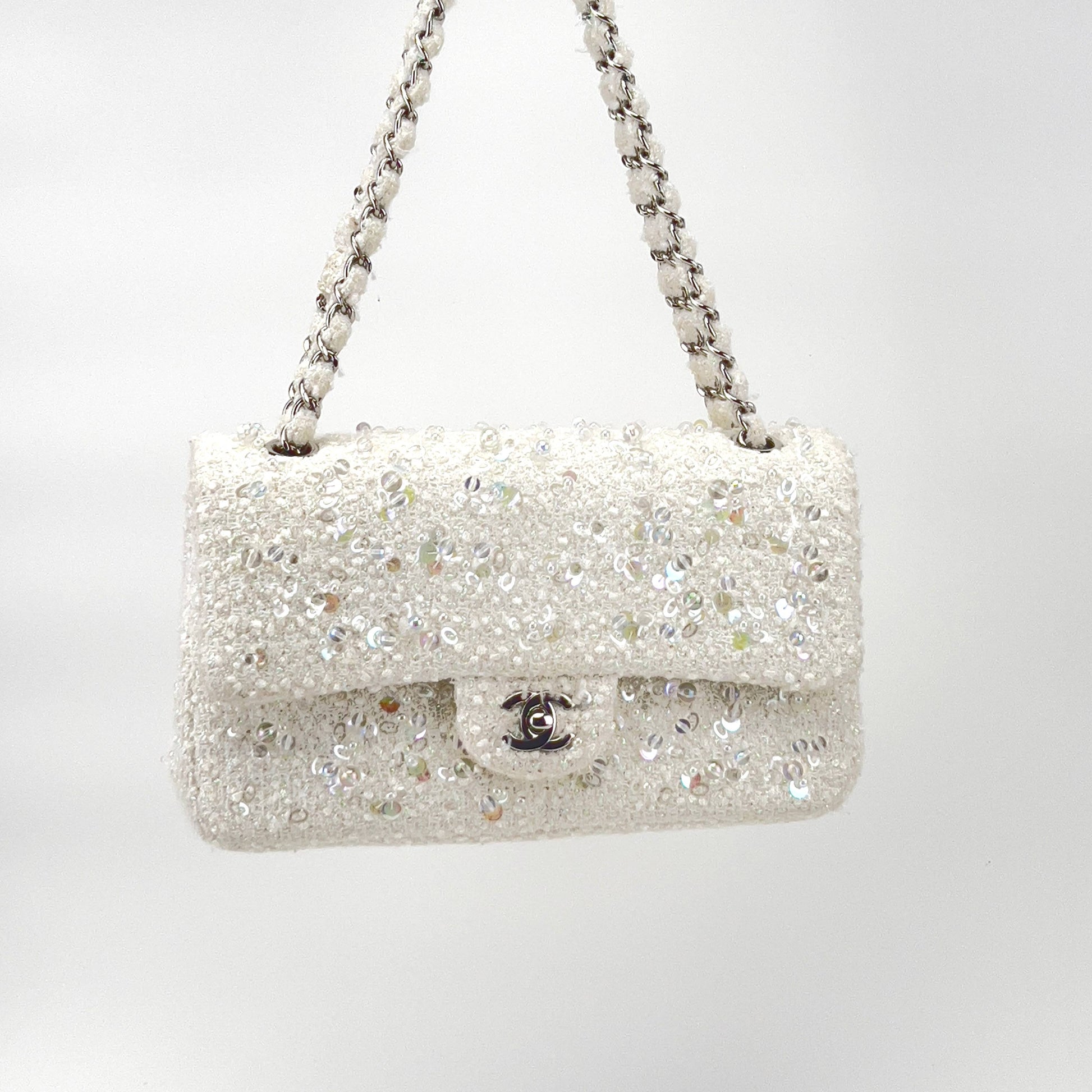 Chanel rain drop white tweed sequin double flap