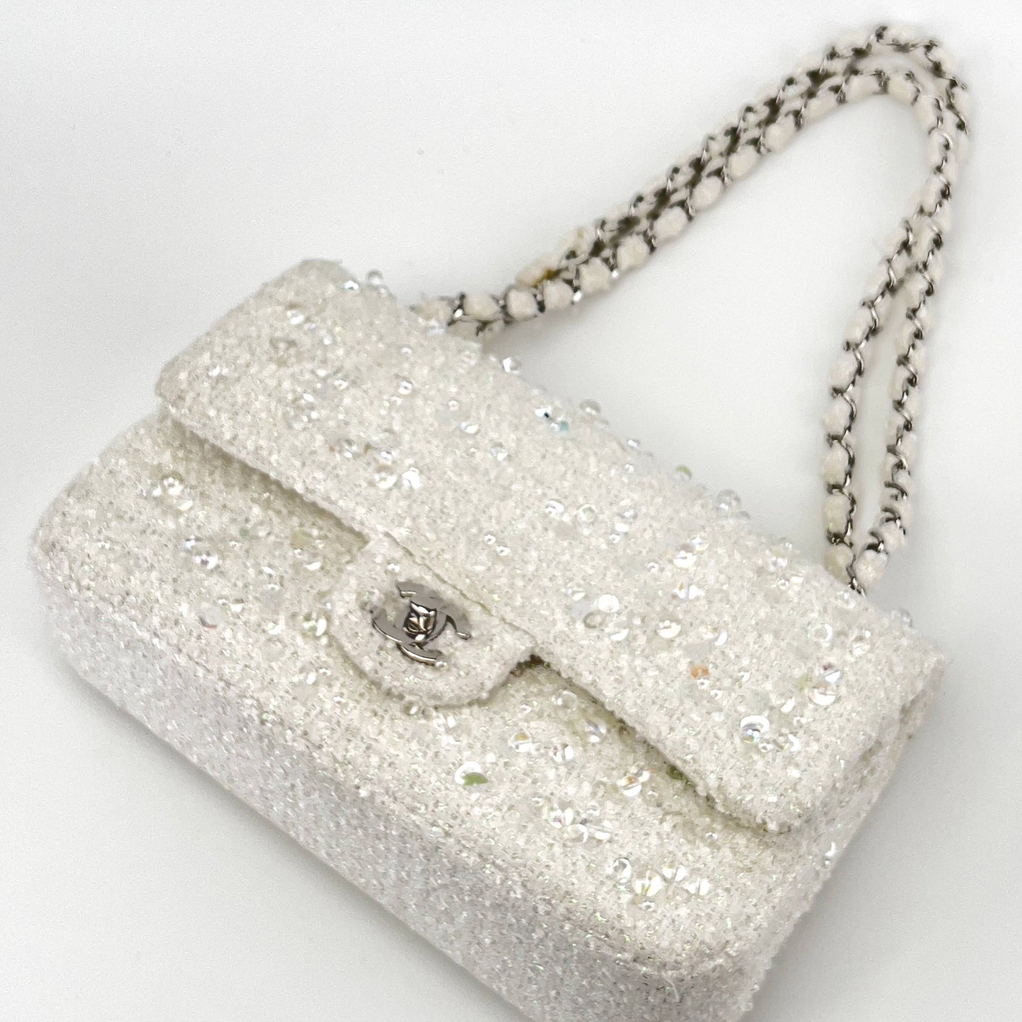 Chanel rain drop white tweed sequin double flap