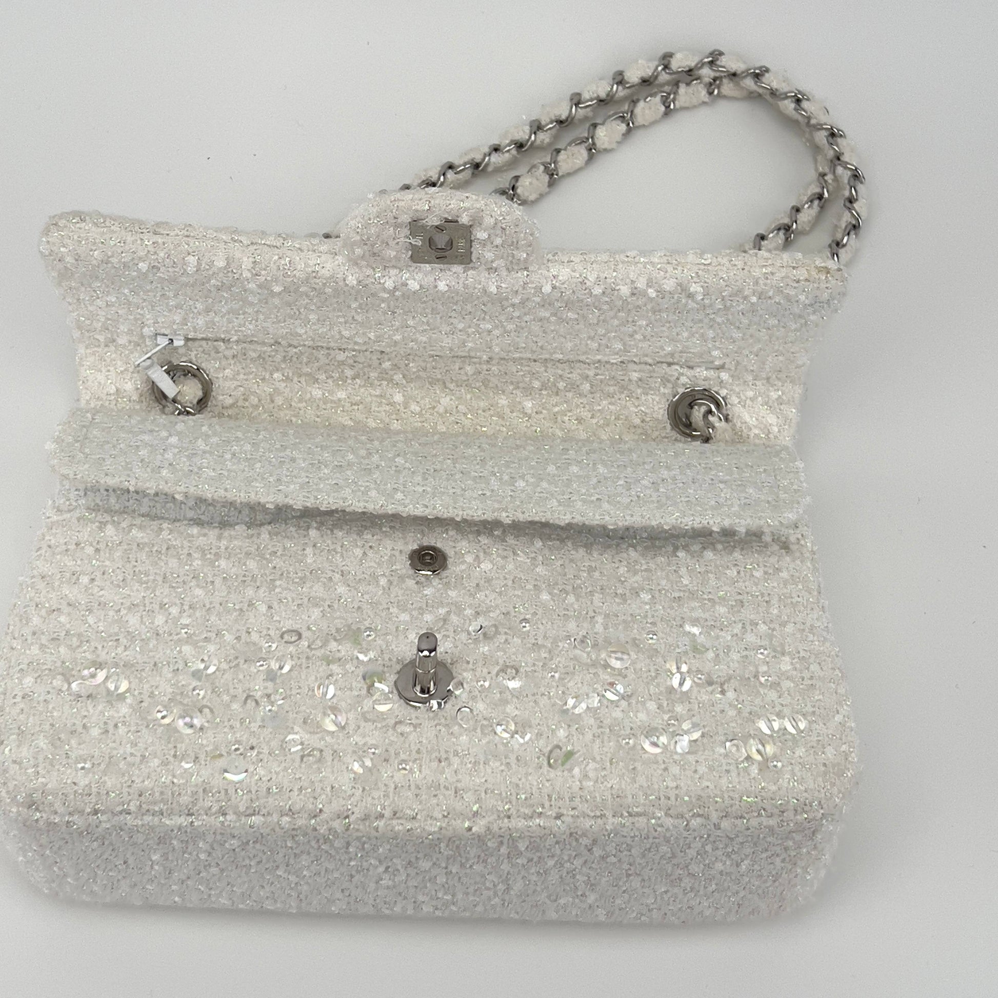 Chanel rain drop white tweed sequin double flap