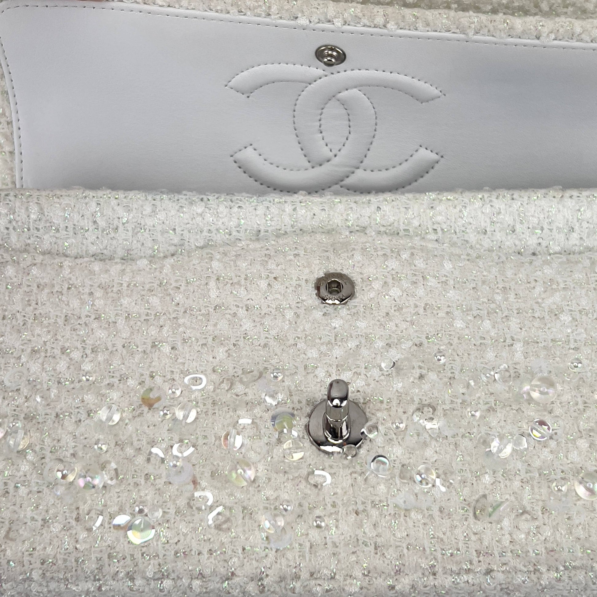 Chanel rain drop white tweed sequin double flap