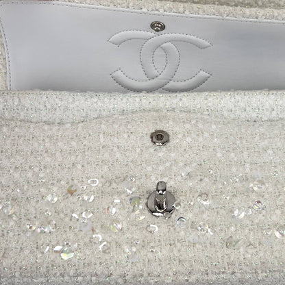 Chanel rain drop white tweed sequin double flap