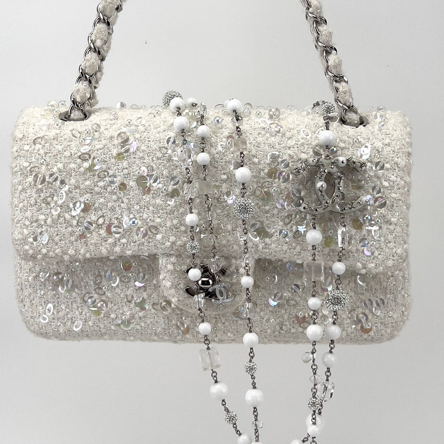 Chanel rain drop white tweed sequin double flap
