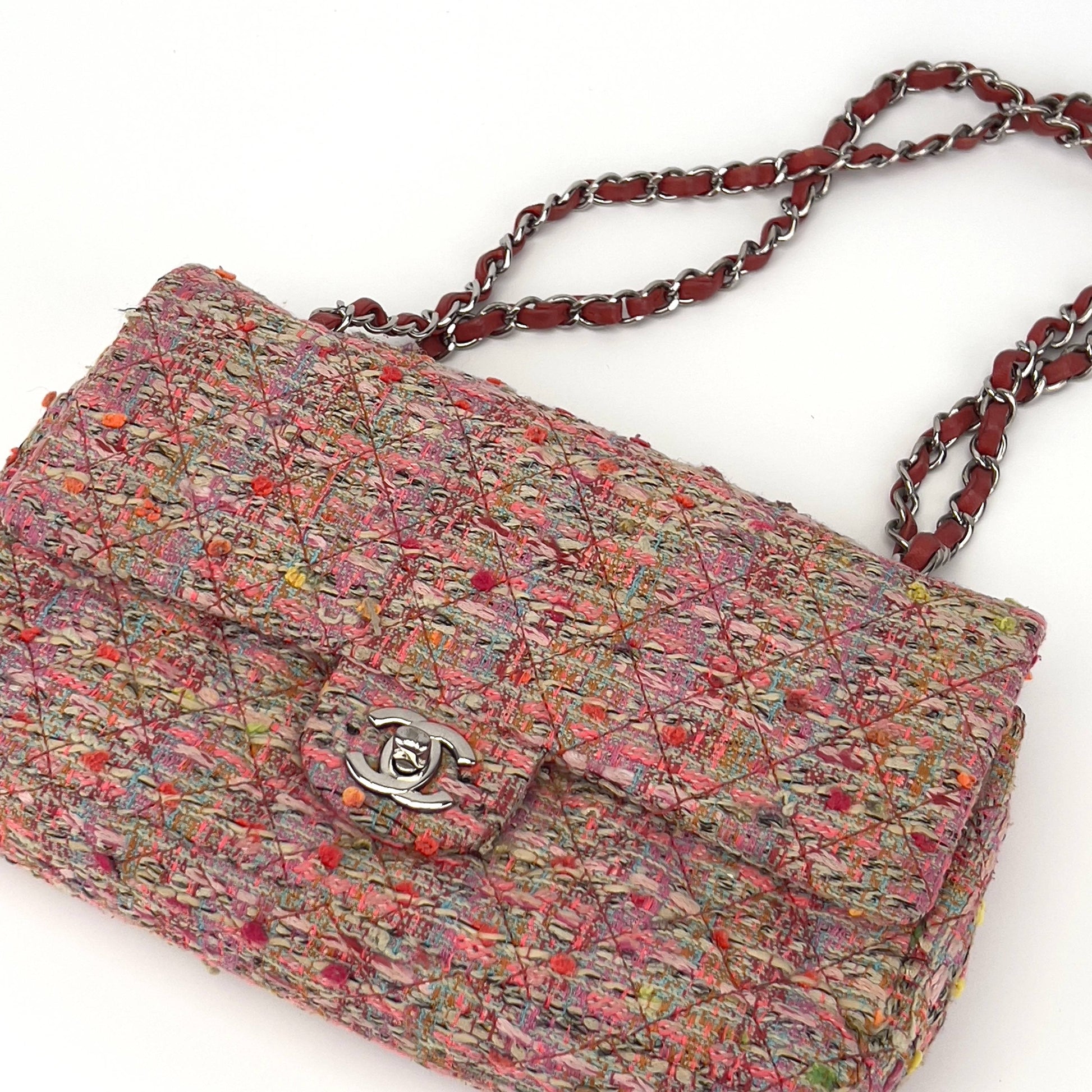 Chanel pink tweed double flap bag