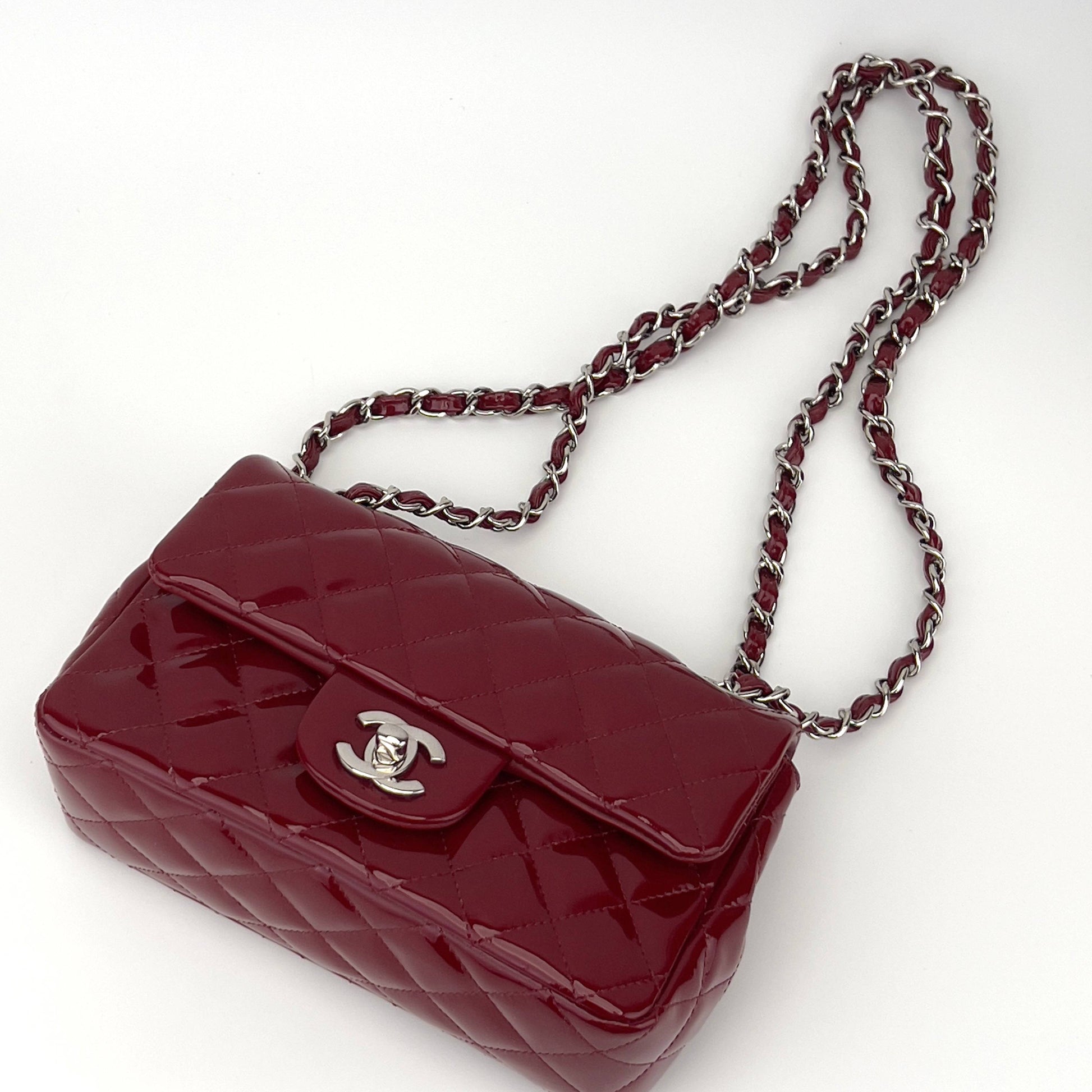 Chanel Burgundy patent mini rectangular flap bag