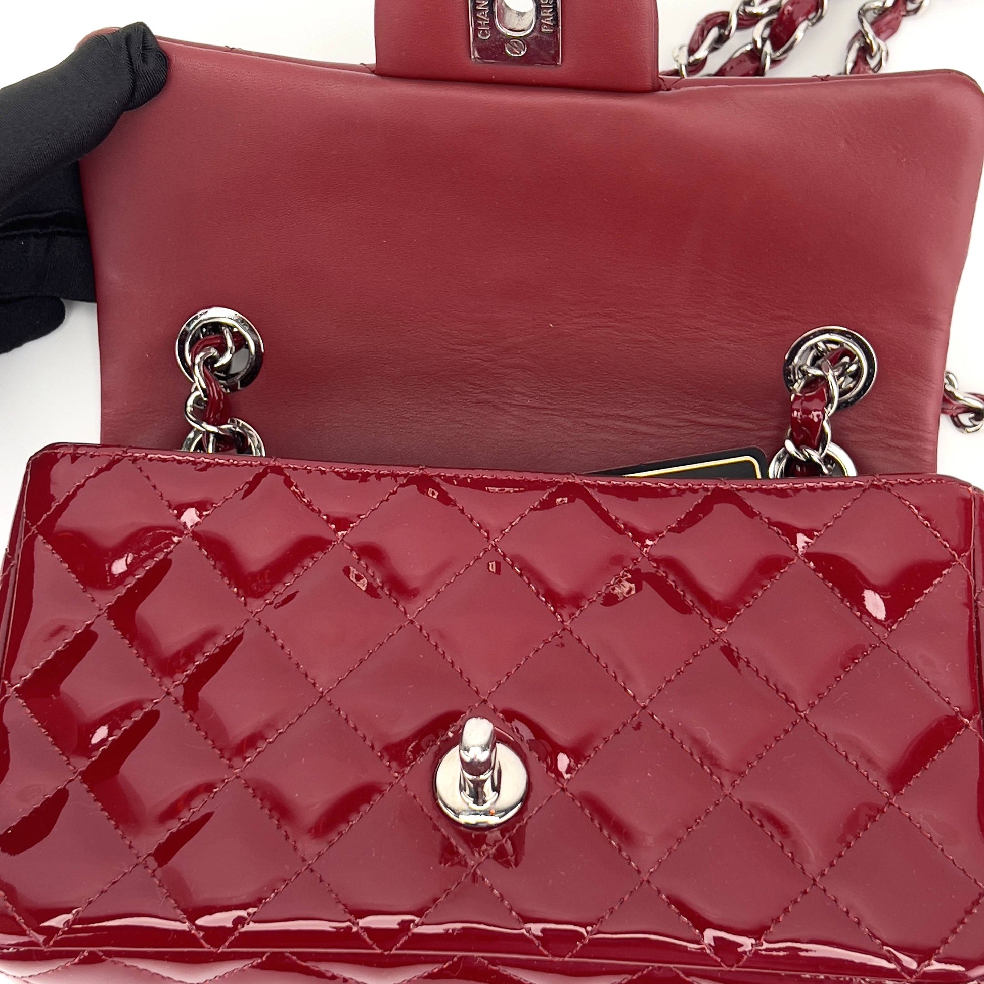 Chanel Burgundy patent mini rectangular flap bag