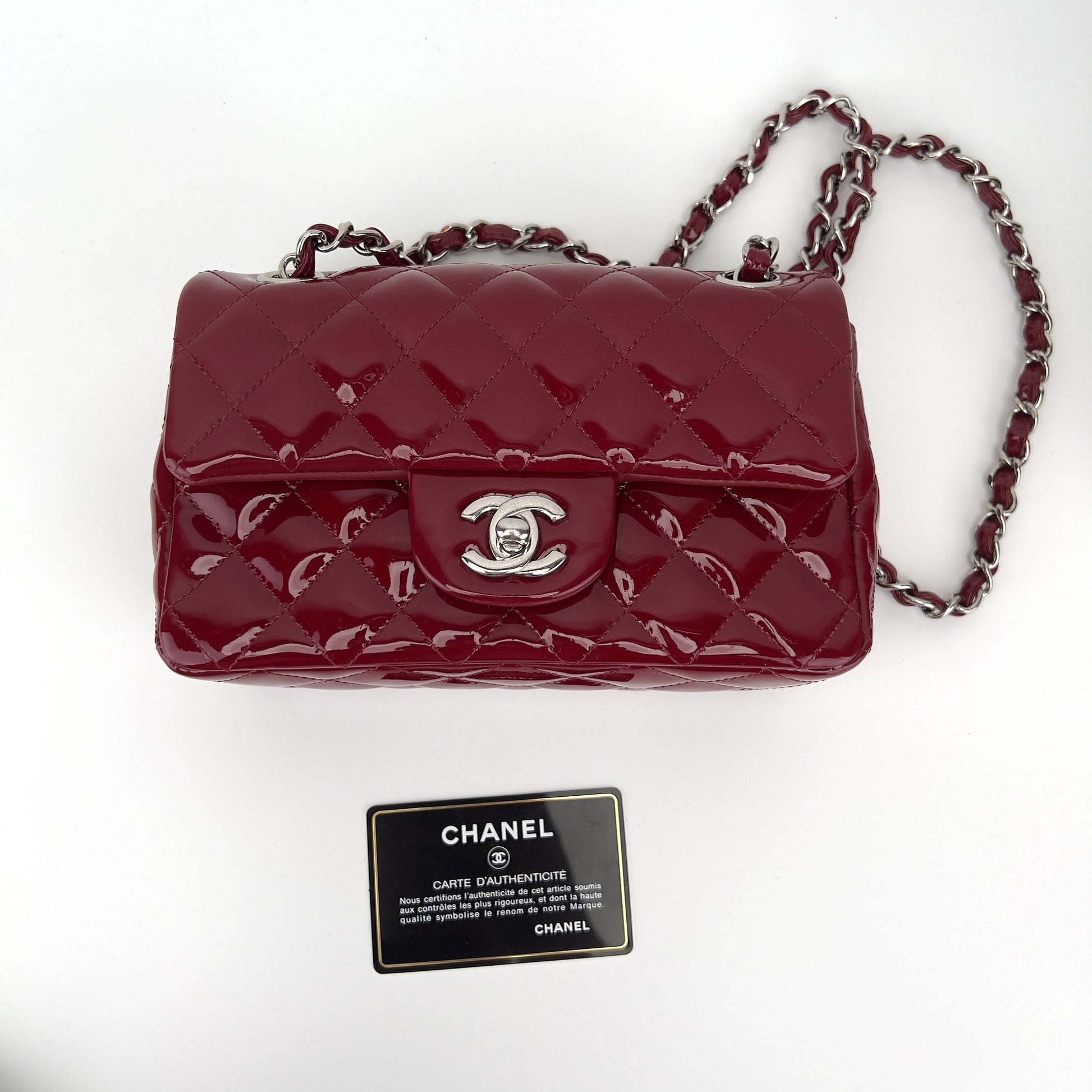 Chanel Burgundy patent mini rectangular flap bag