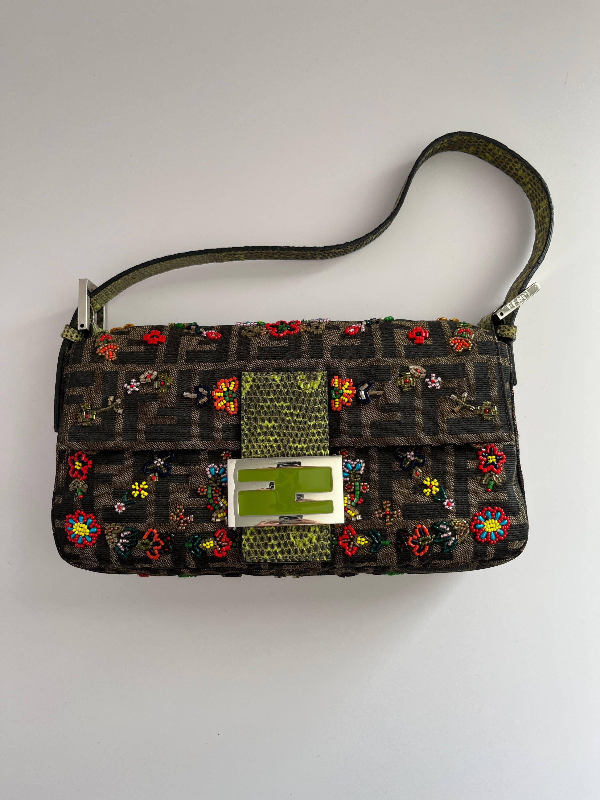 Fendi Classic Foral Beaded Zucca Baguette