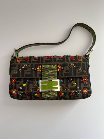 Fendi Classic Foral Beaded Zucca Baguette