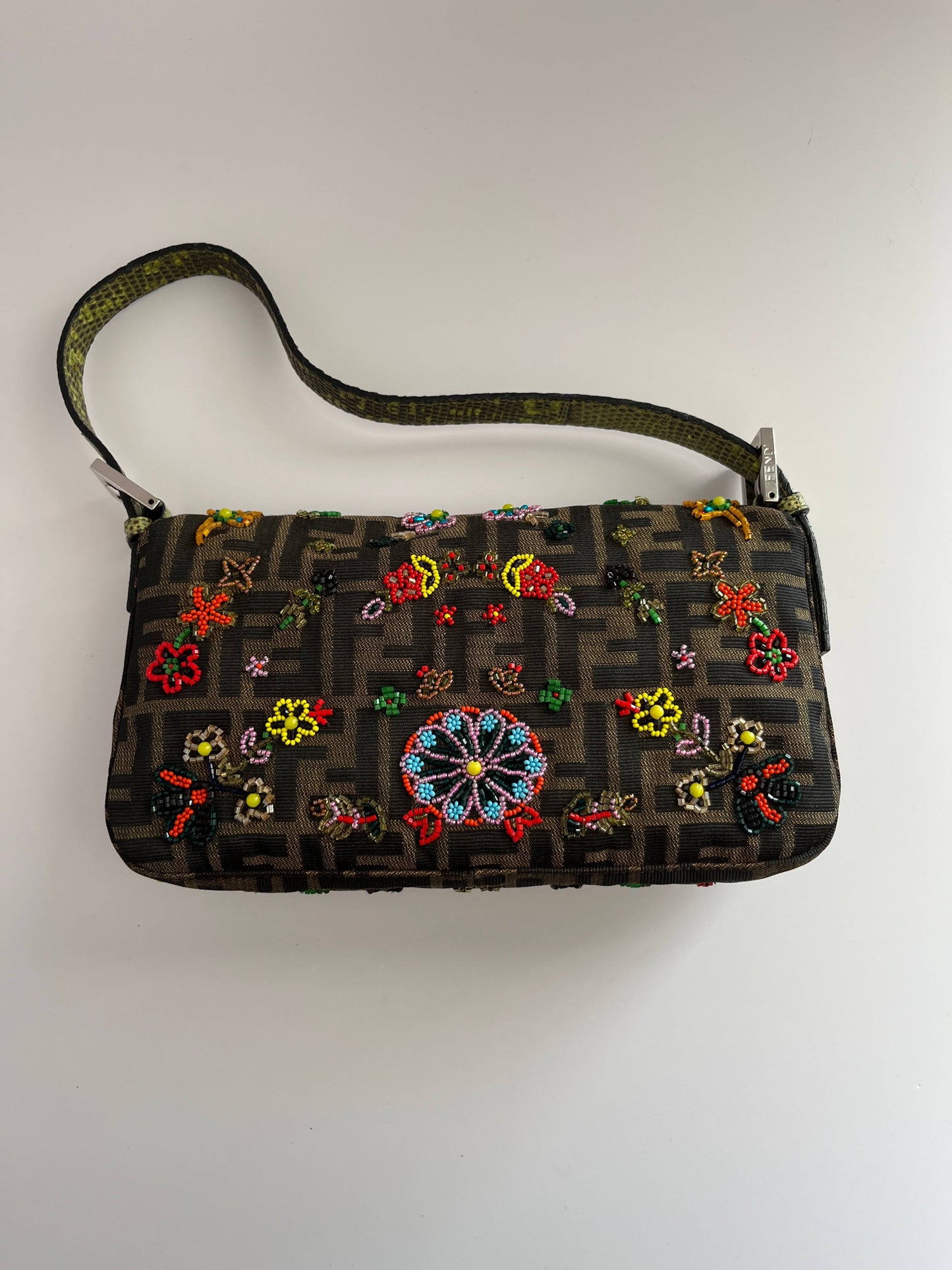 Fendi Classic Foral Beaded Zucca Baguette