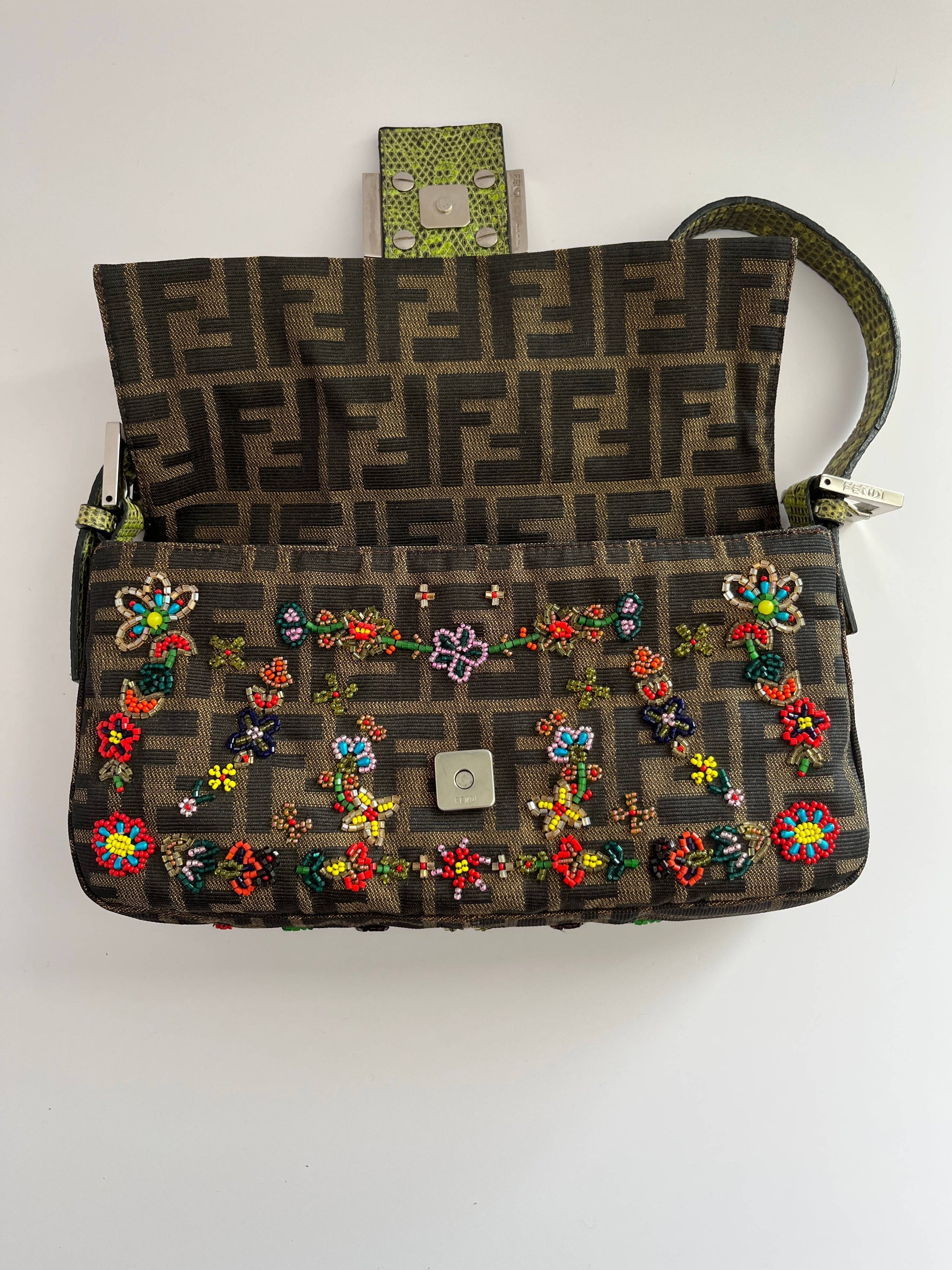 Fendi Classic Foral Beaded Zucca Baguette