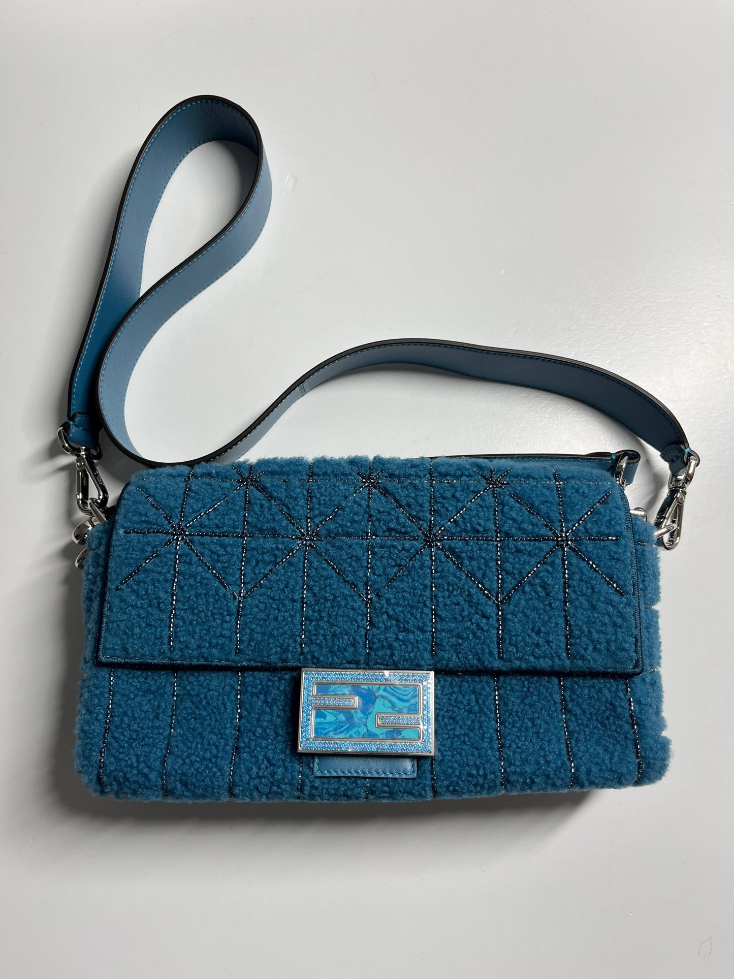 Fendi Baguette blue shearling silver hardware shoulder bag