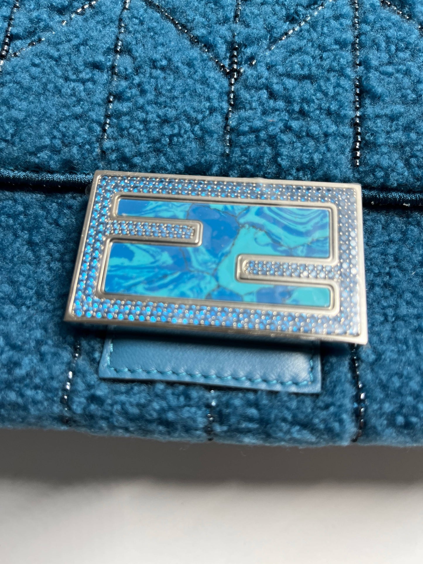 Fendi Baguette blue shearling silver hardware shoulder bag