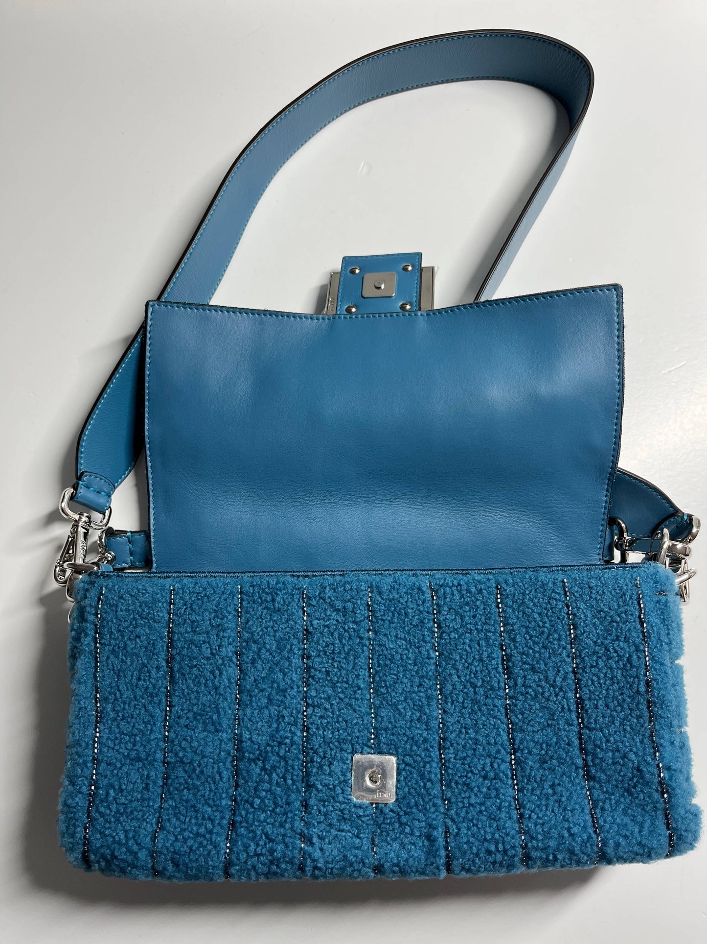 Fendi Baguette blue shearling silver hardware shoulder bag