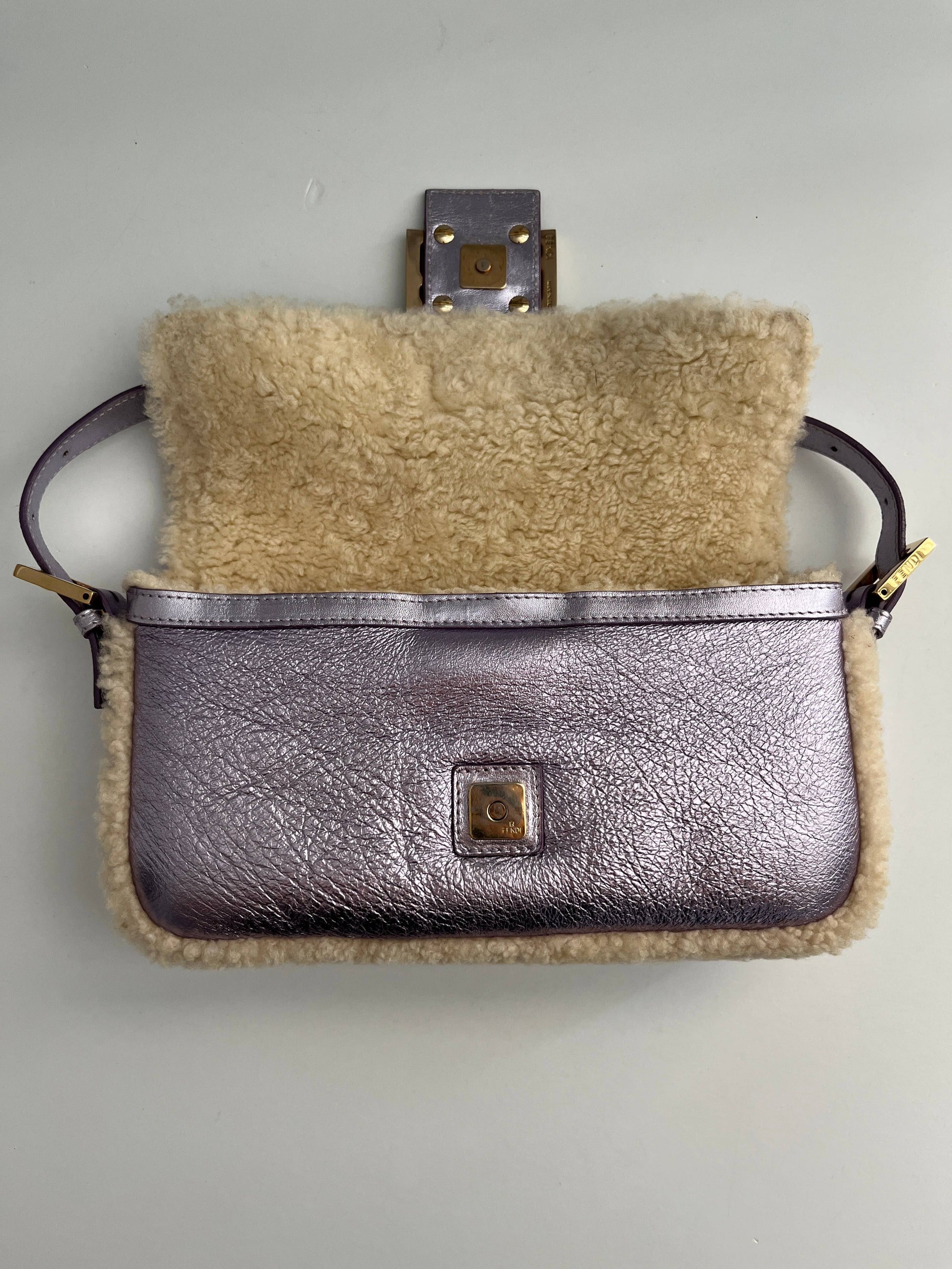Fendi metallic purple shearling baguette