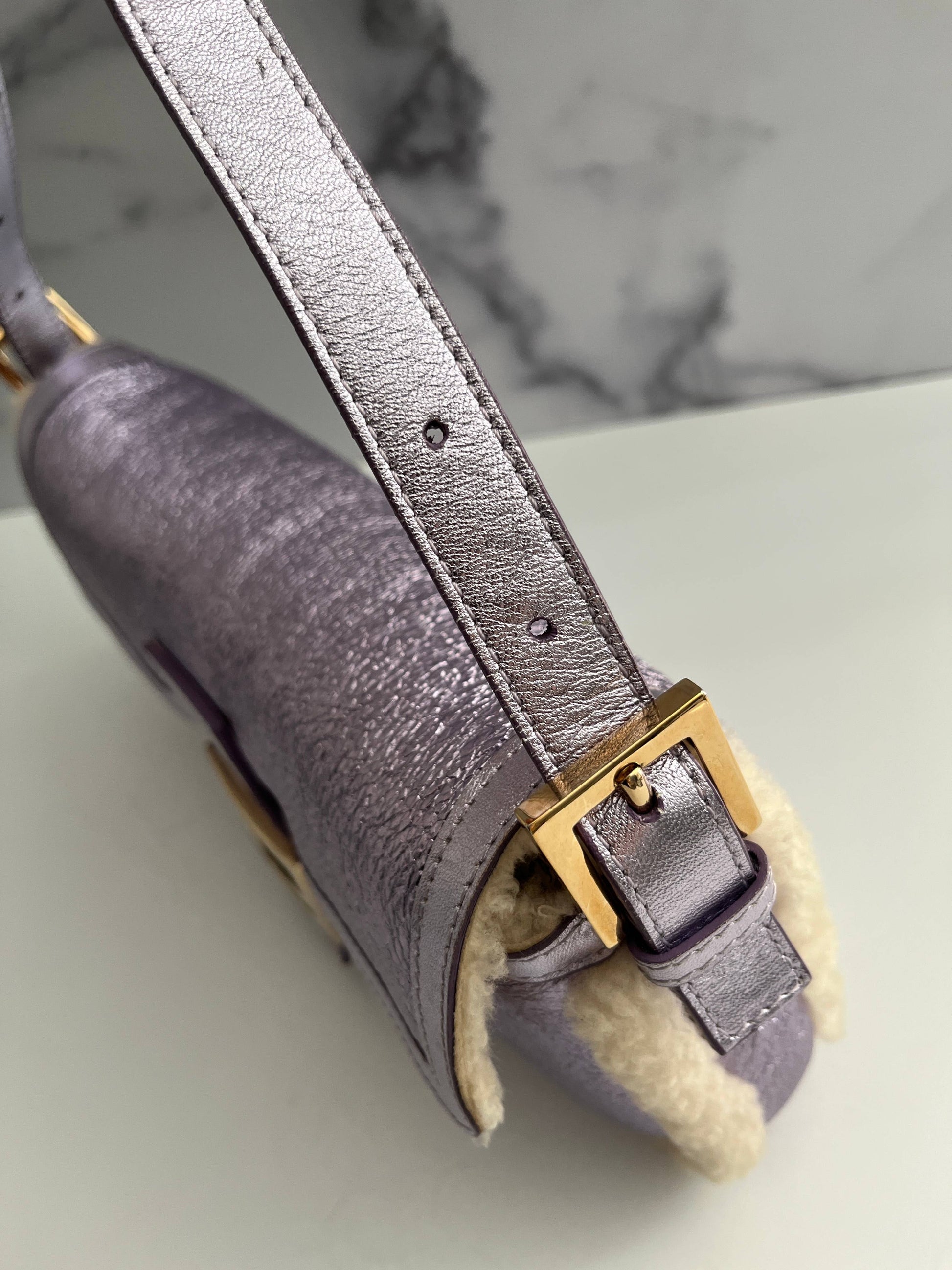 Fendi metallic purple shearling baguette