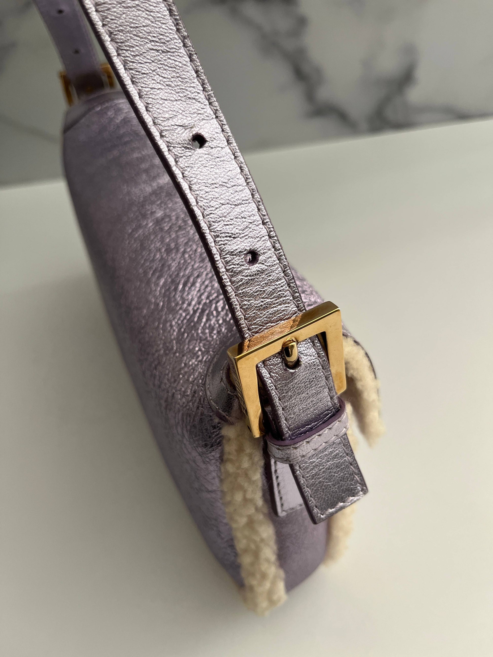 Fendi metallic purple shearling baguette
