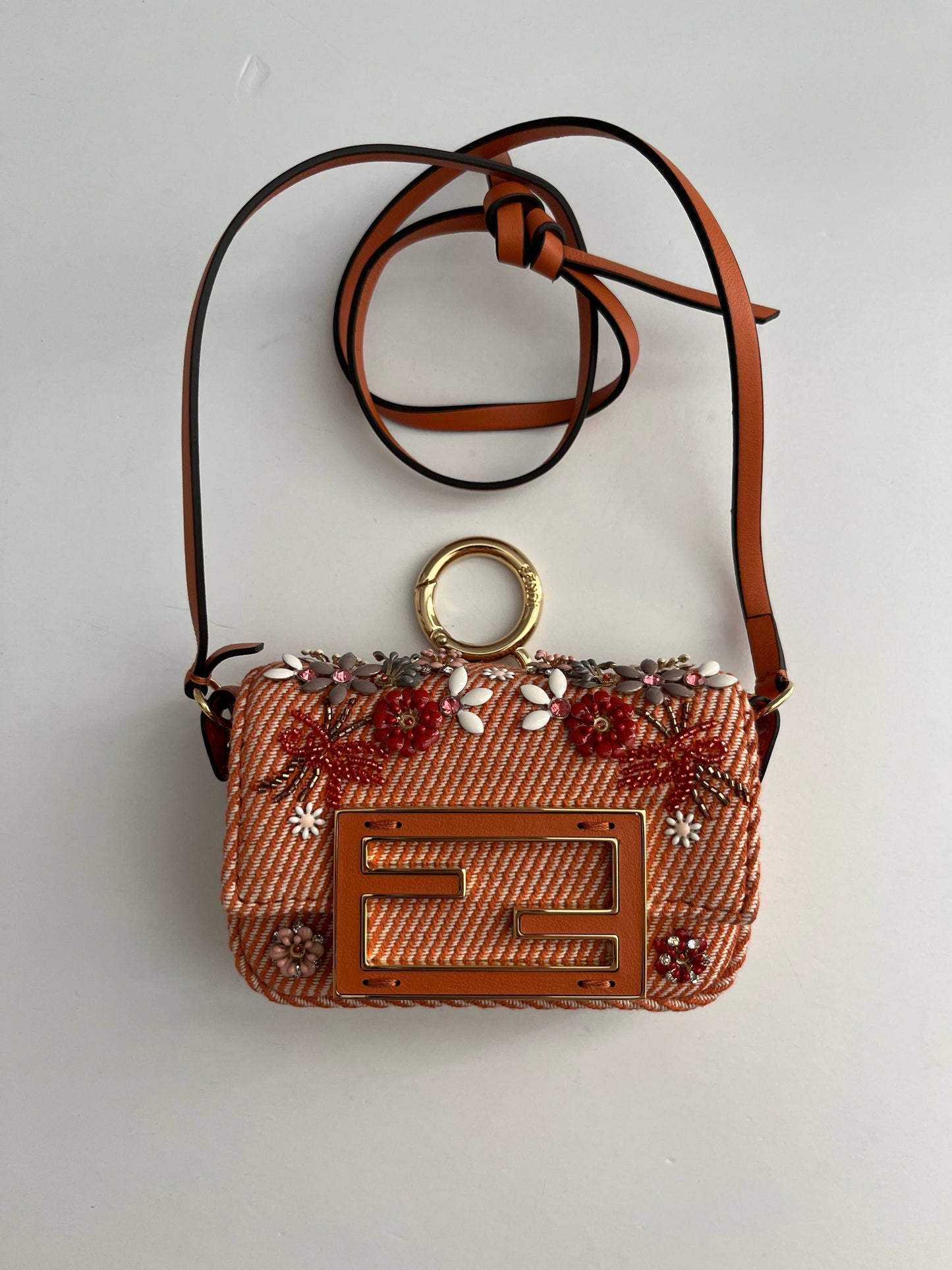 Fendi Baguette nano orange denim beaded shoulder bag