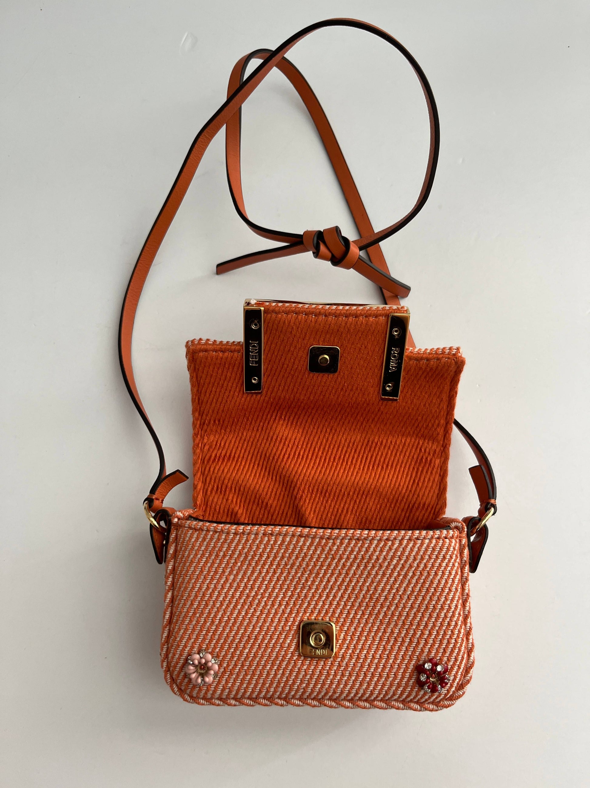 Fendi Baguette nano orange denim beaded shoulder bag