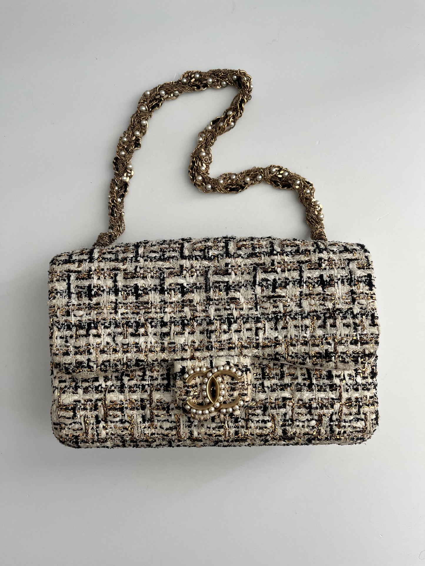 Chanel tweed gold and pearls hardware flap bag