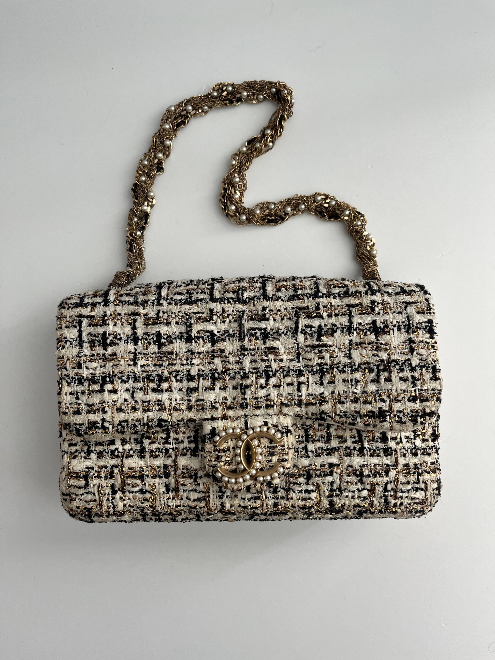 Chanel tweed gold and pearls hardware flap bag