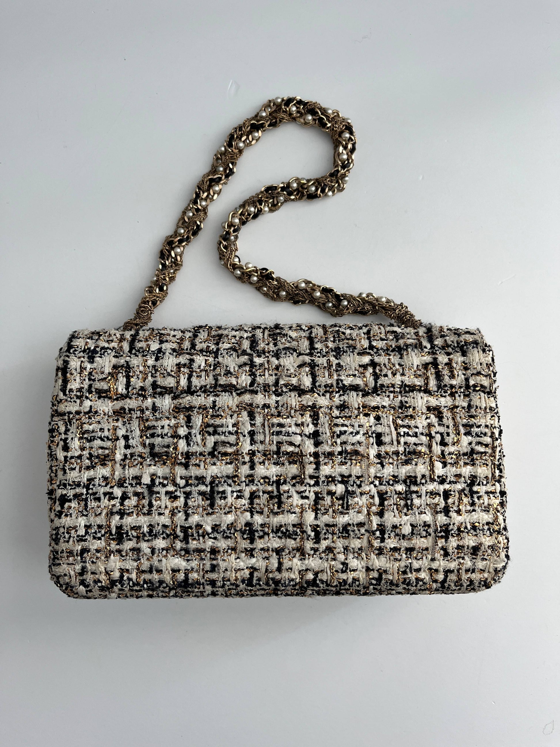 Chanel tweed gold and pearls hardware flap bag