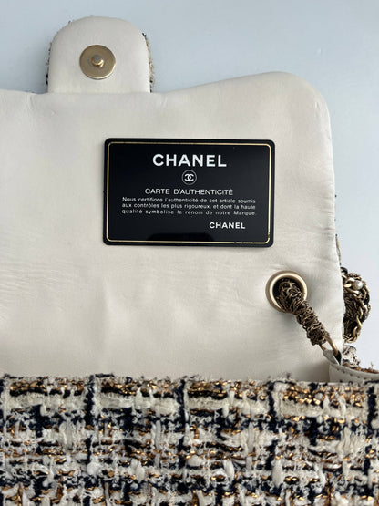 Chanel tweed gold and pearls hardware flap bag