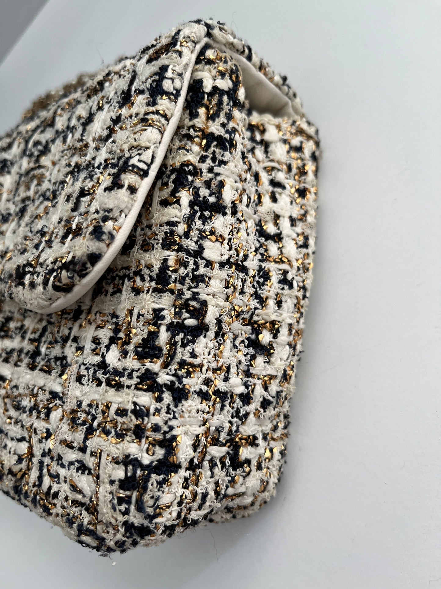 Chanel tweed gold and pearls hardware flap bag