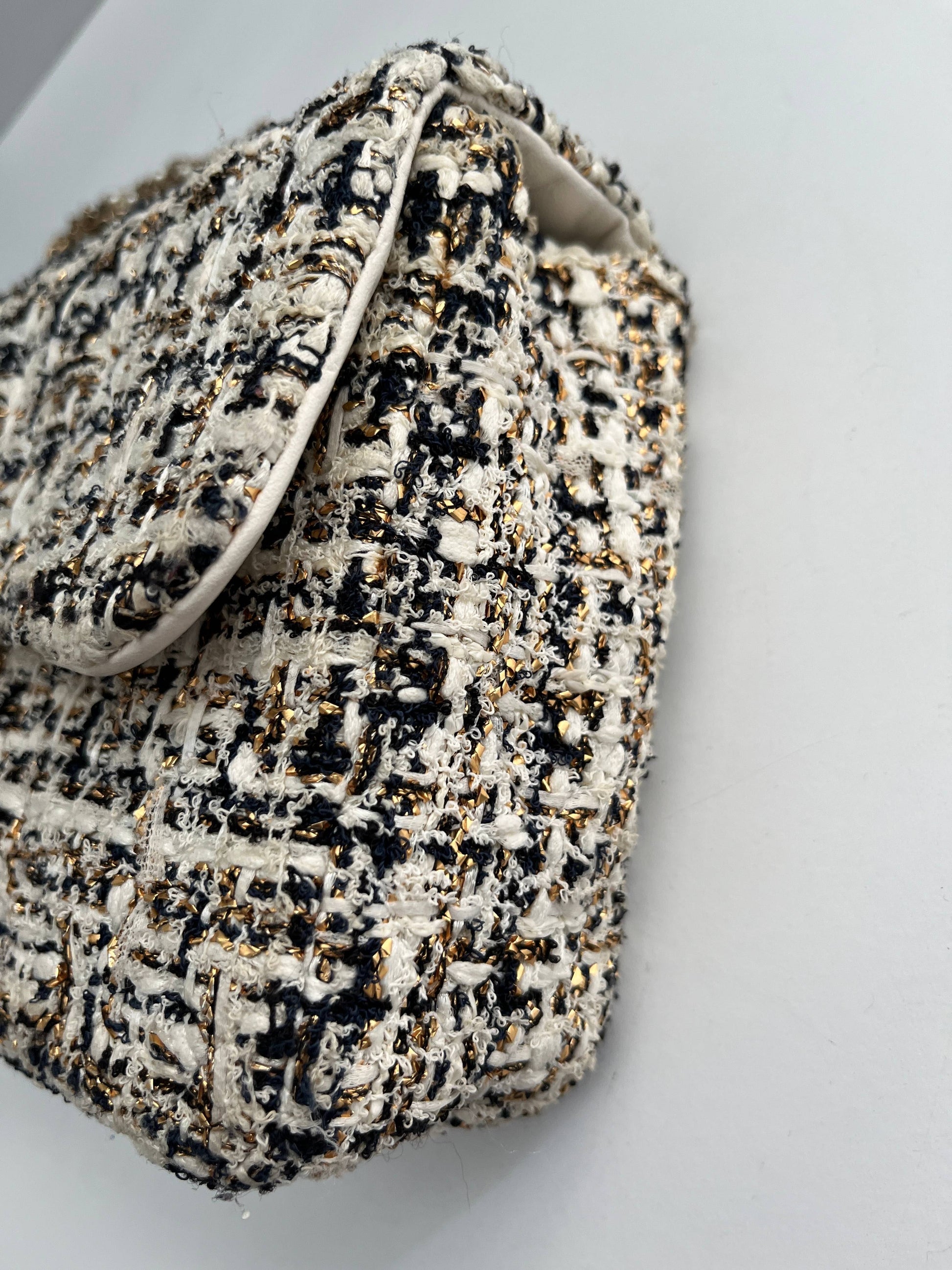 Chanel tweed gold and pearls hardware flap bag