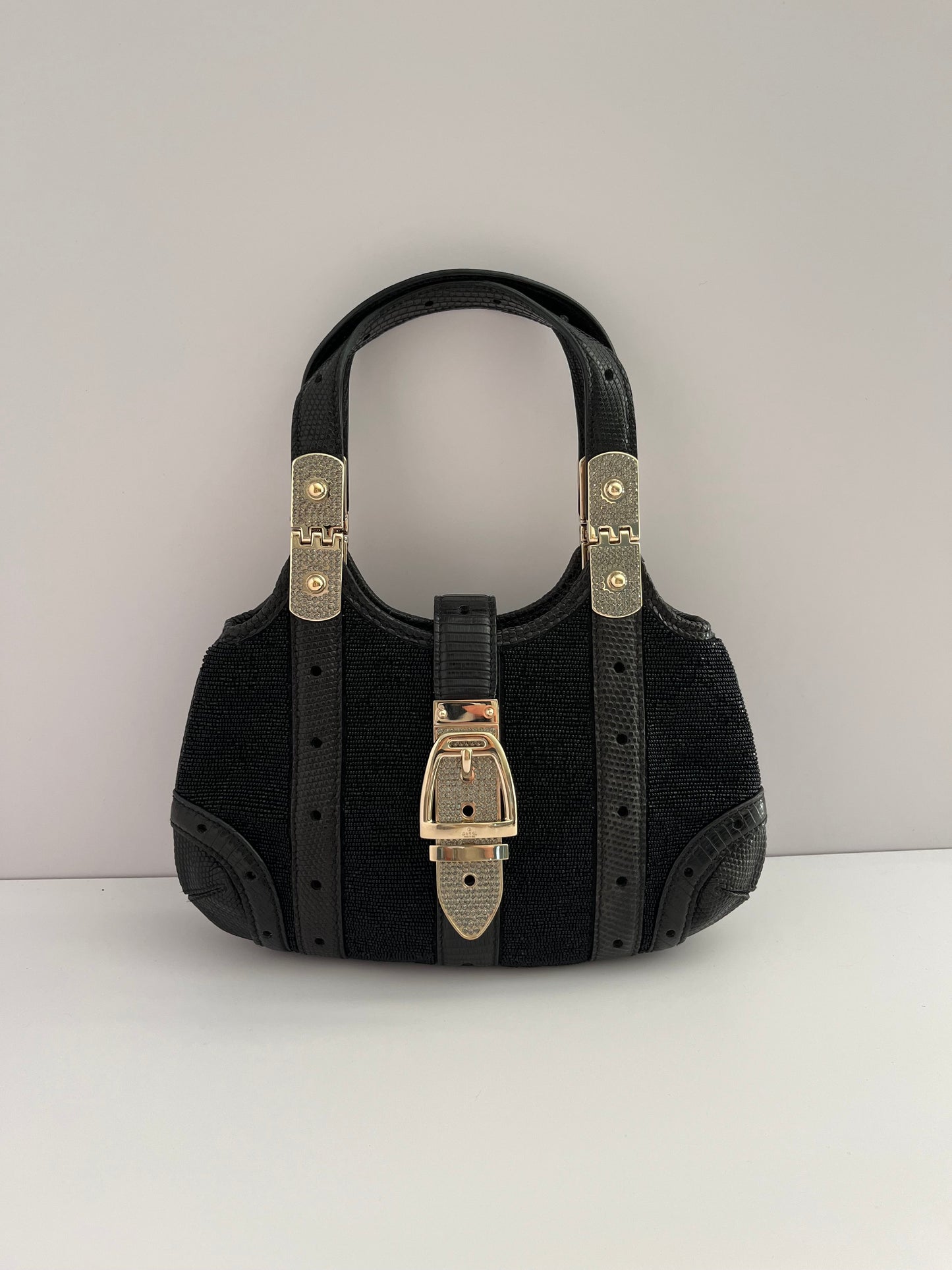 Gucci black leather glitter rhinestones gold hardware handbag