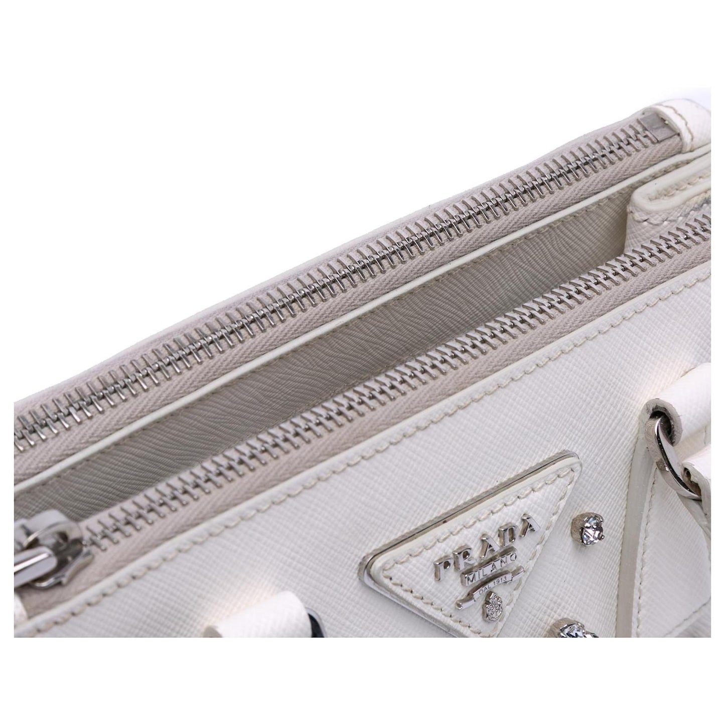 Prada Galleria White Mini Saffiano Lux Crystal Embellished Handbags