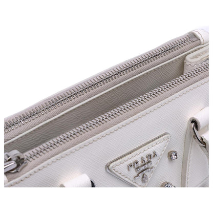 Prada Galleria White Mini Saffiano Lux Crystal Embellished Handbags