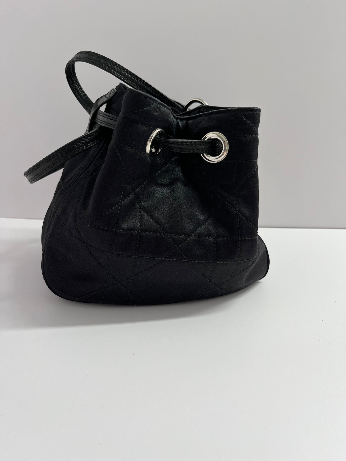 Dior black satin silver rhinestones hardware bucket shoulder bag