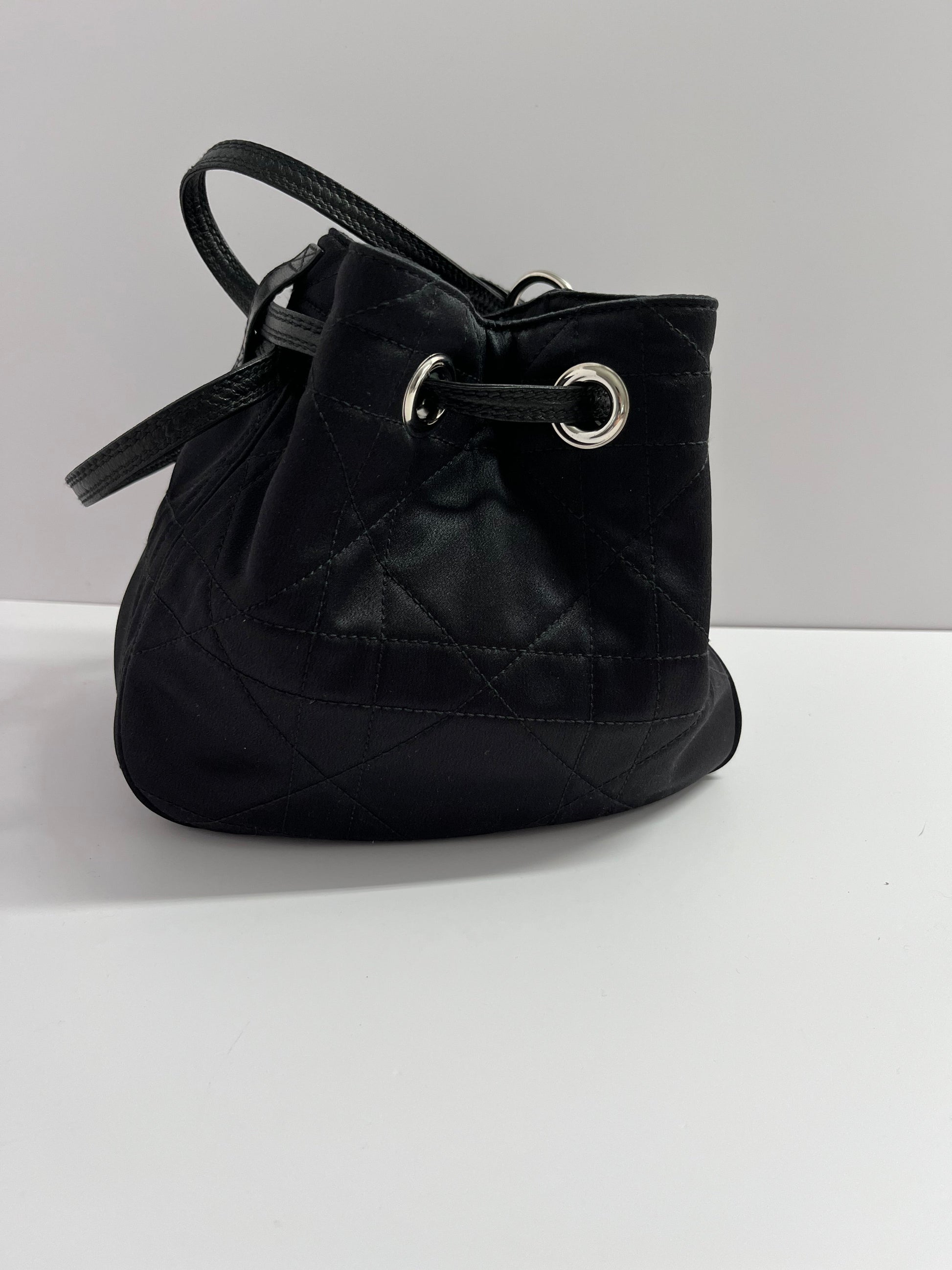 Dior black satin silver rhinestones hardware bucket shoulder bag