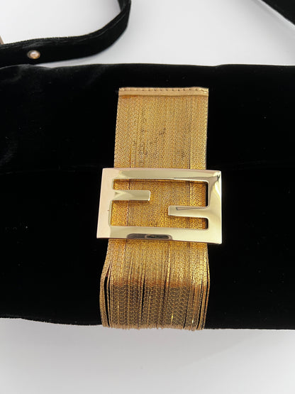 Fendi Black Velvet Gold tassels baguette