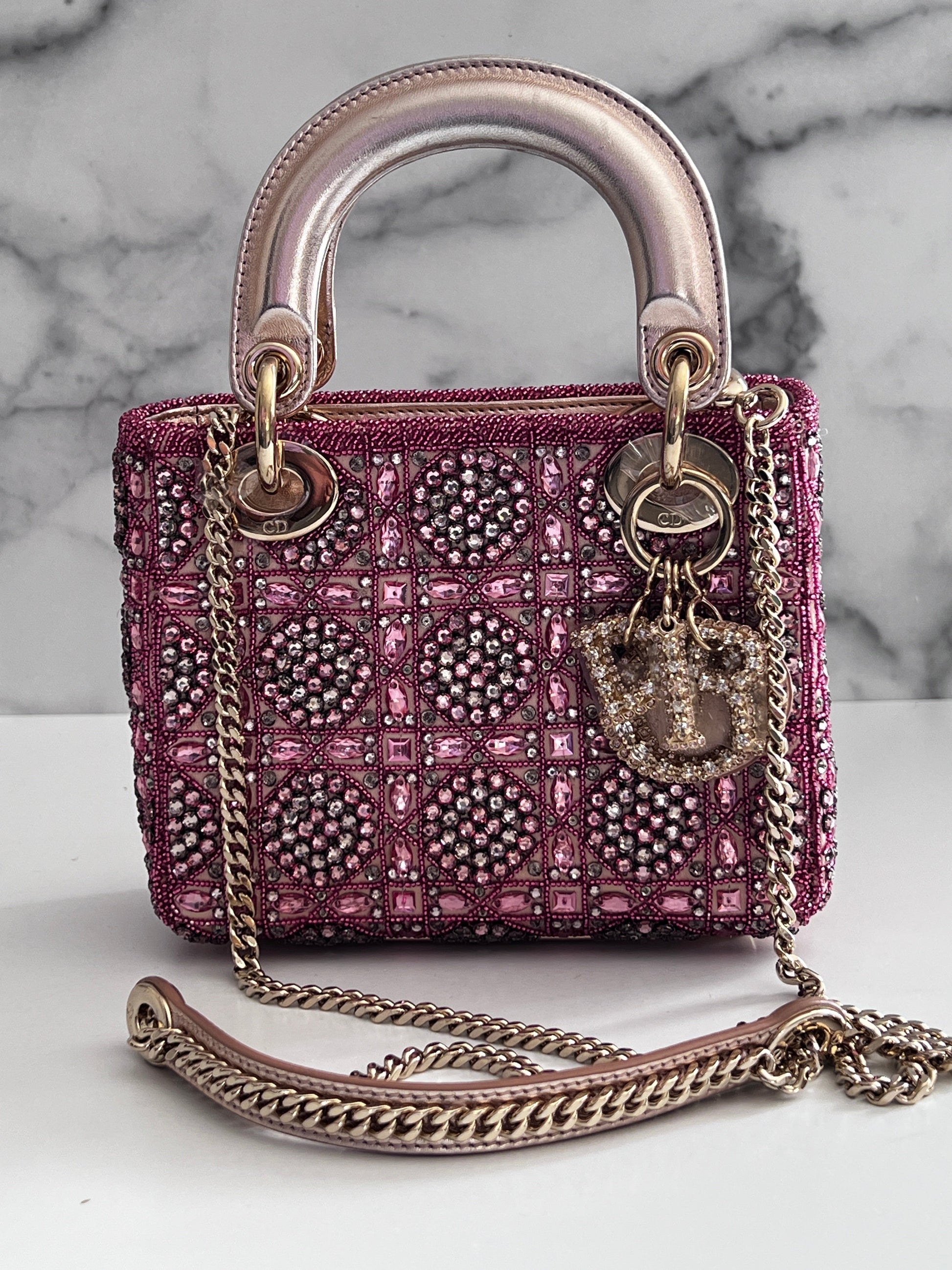 Pre-loved Mini Lady Dior Bag Metallic Lambskin and Rose des Vents Satin Embroidered with Beads