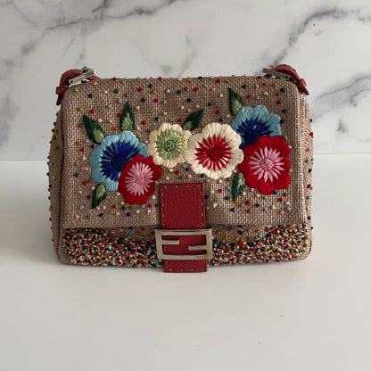 Fendi Selleria raffia floral embroidered mamma baguette.