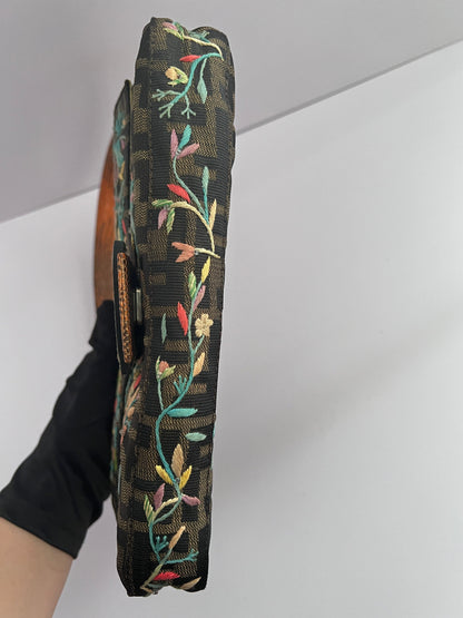 Vintage Fendi embroidered lizard skin trimmed zucca baguette