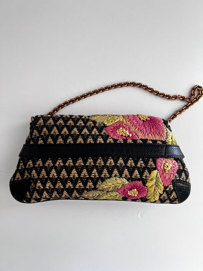 Vintage Gucci Raffia Embroidered Horsebit Chain Bag Medium