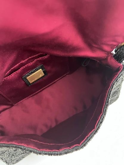 Fendi black beaded mini mamma baguette lizard skin trimmed