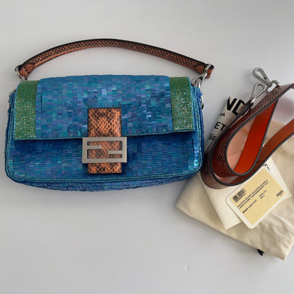 Fendi Reissue Green Stripe Blue Sequin Baguette